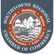 A round logo with the words " southtowns regional chamber of commerce ".