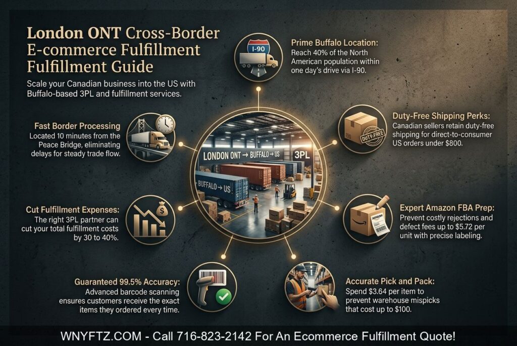 LONDON ONT - Ecommerce Fulfillment & 3PL Services - Call 716-823-2142 Ever feel like your warehouse is running you instead of the other way around? You're juggling inventory, packing orders until midnight, and trying to figure out how to get products across the border without losing your mind. It's exhausting. Here's something that might help: 60% of online retailers now outsource their fulfillment. They've discovered that handing off the packing and shipping frees them up to focus on what they actually love about their business. Your customers in the U.S. expect fast shipping. Your warehouse space keeps shrinking. And those cross border logistics headaches? They're real. That's exactly why we put this guide together. I'm going to show you how LONDON ONT Ecommerce Fulfillment works in 2026, what real pick and pack services actually cost, and how the right partner can cut your fulfillment expenses by 30-40%. You'll learn about Amazon FBA prep that keeps you out of trouble, inventory systems that actually work, and why Buffalo's location matters more than you might think. Ready to get your evenings back? Key Takeaways WNYFTZ provides ecommerce fulfillment and 3PL services from Buffalo, New York, just 10 minutes from the Peace Bridge connecting Canada and the United States. Amazon FBA prep services include labeling, packaging, and compliance work that maintains order accuracy rates above 99.5% for London, Ontario sellers. Cross-border logistics through Buffalo access 40% of North American population within one day's drive via highways I-90 and I-190 from Canada. Pick and pack services cost an average of $3.64 per item as of 2025, helping businesses budget fulfillment expenses accurately. WNYFTZ uses modern Warehouse Management Systems to track inventory in real time and eliminate the complexity of managing separate warehouses on both sides of the border. WNYFTZ: Ecommerce Fulfillment Services for LONDON, ONT WNYFTZ serves your LONDON ONT Ecommerce Fulfillment needs right from our Buffalo location. We connect you directly to major markets across North America. Your products move faster and reach customers sooner. Your business grows when you partner with a team that understands cross-border shipping from Canada into the United States. Ask Us About Our Amazon FBA Prep Services Your Amazon FBA business needs expert preparation to succeed. WNYFTZ handles all the technical details that Amazon requires. Our team manages labeling, packaging, and compliance work that takes time away from your core business operations. According to a 2026 FBA fee analysis by Seller Labs, Amazon officially discontinued its in-house FBA prep services on January 1, 2026. At the same time, they raised inbound defect fees by up to 1,600%. Penalties now reach up to $5.72 per unit for labeling or routing errors. This means improper prep isn't just inconvenient anymore. It destroys your margins. Proper Amazon FBA preparation is the foundation that separates successful sellers from those who struggle with fulfillment challenges. Your products move through our facility with precision. We inspect each item, apply the correct labels, and pack everything according to Amazon's strict standards. This attention to detail prevents costly rejections and keeps your inventory flowing smoothly into Amazon warehouses. Getting your items ready for Amazon FBA involves more than just boxing them up. Our staff applies barcodes, verifies product conditions, and creates shipping documentation that Amazon accepts on the first attempt. You avoid delays, returns, and the frustration that comes with improper preparation. Call 716-823-2142 to discuss how our Amazon FBA prep services fit your LONDON ONT Ecommerce Fulfillment needs. Selling Your Products into the US Market from CAN You face a unique opportunity to expand your Canadian business into the massive US market. Based on March 2026 U.S. retail statistics published by Capital One Shopping, the U.S. retail e-commerce market is projected to reach $1.62 trillion in 2026. That represents a 10.4% increase from 2025. WNYFTZ sits just 10 minutes from the Peace Bridge, which handles over one million trucks annually. This strategic location gives you fast access to 40% of North American population within a one-day drive via highways I-90 and I-190. Your products can reach major US markets quickly and cost-effectively through our LONDON ONT cross border ecommerce fulfillment services. LONDON ONT cross border logistics becomes simple when you partner with us. You eliminate the complexity of managing US warehouses, customs paperwork, and shipping logistics on your own. Our team handles inventory storage, order fulfillment, and delivery to US customers from our Buffalo location. This approach lets you focus on growing your sales while we manage the operational details. Getting your products across the border requires expertise and speed. LONDON ONT cross border logistics through our Buffalo NY facility means your inventory moves through proper channels without delays. You gain access to US customers who prefer fast shipping and reliable delivery. Contact us at 716-823-2142 to discuss how LONDON ONT 3PL services can launch your US expansion today. WNYFTZ: 3PL Services for LONDON, ONT WNYFTZ operates third-party logistics services that serve London ONT businesses moving products across borders. Your company gains access to pick and pack operations, LONDON ONT cross border logistics through Buffalo NY, and solutions that move your inventory where your customers shop. Inquire About Our Pick & Pack Services Your pick and pack services need accuracy and speed to succeed in today's market. Our team uses barcode technology to scan each item, verify quantities, and pack orders with precision. You receive an order accuracy rate above 99.5%. That sets the standard for choosing a fulfillment partner in LONDON ONT cross border logistics. Here's why accuracy matters so much: According to 2025 fulfillment industry data from FTx POS and ShipMonk, the average cost of a single warehouse mispick has risen to between $75 and $100 per incident. That includes wasted labor, return shipping, and lost inventory. The average cost for ecommerce pick and pack runs $3.64 per item as of 2025. Think of it as insurance against those catastrophic $100 mistakes. Your products move through our facility with care and attention to detail. We handle everything from receiving inventory to boxing items for shipment across the US market from Canada. Your orders leave our warehouse ready for delivery, and your customers receive exactly what they ordered. Inquire about our pick and pack services today to see how we streamline your LONDON ONT cross border ecommerce fulfillment operations. Cross Border Logistics: London ONT Through Buffalo NY & Beyond Your business in London, Ontario gains immediate access to powerful cross-border logistics when you partner with WNYFTZ. Our fulfillment centers sit just 10 minutes from the Peace Bridge. This means your products move quickly between Canada and the United States. The Peace Bridge processes over one million trucks annually. It creates a proven pathway for steady, reliable trade flow. This strategic location eliminates delays and keeps your inventory moving at peak efficiency. Location Benefit Impact on Your Business 10 minutes from Peace Bridge Fastest cross-border access for Canadian sellers I-90 and I-190 highway access Reach 40% of North America within 1 day 1M+ trucks annually through bridge Proven, reliable shipping pathways Highway connections through I-90 and I-190 open doors to 40% of the North American population within a single day's drive from our Buffalo facilities. Your products reach major markets faster than you might expect. Businesses we work with experience smoother operations because our location cuts travel time and shipping costs significantly. Location matters in logistics, and Buffalo's position between Canada and America creates genuine advantages for companies ready to scale. LONDON ONT cross border ecommerce fulfillment through our Buffalo hub means your inventory sits in the right place at the right time. You avoid the complications of managing separate warehouses on both sides of the border. Our team handles the paperwork, customs coordination, and shipping logistics so you focus on growing your sales. According to a 2026 cross-border fulfillment report by GoBolt, Canadian sellers have a major advantage right now. While the U.S. suspended the $800 Section 321 de minimis exemption for many global imports in late 2025, an executive amendment preserved this duty-free perk specifically for Canadian and Mexican-origin goods. This means you can still ship direct-to-consumer orders under $800 to the US duty-free. Your overseas competitors lost that privilege. LONDON ONT 3PL Services 2026 connect your Canadian operations to unlimited American opportunities without the headaches. Why Choose WNYFTZ For Your Ecom Fulfillment & 3PL Solutions for LONDON, ONT? WNYFTZ brings real experience and skill to your ecommerce fulfillment and 3PL needs in London, ONT. Your business grows when you work with a team that knows LONDON ONT cross border logistics and gets your products moving fast. Call 716-823-2142 For a Quote Your business needs pricing that fits your actual operations, not some generic package that doesn't match your needs. Contact our team at 716-823-2142 to speak with a real person who understands cross border logistics and ecommerce fulfillment for London ONT operations. We skip the one-size-fits-all approach and create customized quotes based on your specific requirements. Whether you're handling Amazon FBA prep services or managing pick and pack operations across our London ONT through Buffalo NY network, we've got you covered. Direct customer service awaits you on that line. We're ready to discuss your cross border ecommerce fulfillment goals without any pressure or unnecessary complexity. Our team has worked with business owners just like you, handling everything from product prep to shipping arrangements across the border. Reach out today and get a quote that actually reflects what your LONDON ONT 3PL Services 2026 will cost, built around your unique business situation. Professional Expertise Your business needs a partner with real experience in LONDON ONT cross border logistics and ecommerce fulfillment. WNYFTZ has managed thousands of shipments across the US-Canada border. We understand the details that matter most to your operation. Your inventory stays accurate and tracked in real time through our modern Warehouse Management System. This gives you complete visibility into your stock levels. We maintain order accuracy rates at or above 99.5%, meaning your customers receive the right products every single time. Our expert customs compliance support removes the stress from cross border ecommerce fulfillment. You can focus on growing your business instead of worrying about regulatory requirements. Your success in selling products into the US market from Canada depends on having the right logistics partner. WNYFTZ provides pick and pack services that work seamlessly with your Amazon FBA prep needs. Our team knows exactly how to handle the challenges of moving goods through Buffalo NY and beyond. We've helped London ONT businesses expand their reach across borders, and we're ready to do the same for your operation. People also search for: 1. What are LONDON ONT 3PL Services 2026? LONDON ONT 3PL Services 2026 are specialized logistics partners right in London, Ontario, that take the heavy lifting of warehousing, picking, and packing off your plate. By storing your inventory in modern facilities along the busy Highway 401 corridor, these teams help your business ship orders to North American customers faster. 2. How does LONDON ONT cross border logistics work? LONDON ONT - cross border logistics simply means having local experts manage the daily movement of your products between Canada and the United States. Since London sits just 45 minutes from the Port Huron border and about two hours from Detroit, your provider easily handles all customs clearance and shipping paperwork for you. This prime location guarantees your products reach international buyers quickly and safely. 3. What is LONDON ONT cross border ecommerce fulfillment? LONDON ONT - cross border ecommerce fulfillment is a specialized setup that processes your online orders directly from London's central hubs to get packages to both Canadian and American shoppers much faster. 4. Why should businesses use 3PL services in London, Ontario? You get a huge advantage with lower shipping rates and quicker delivery times because London is a known logistical sweet spot right near the US border. Partnering with LONDON ONT 3PL Services 2026 gives you access to seasoned pros who manage your storage and shipping, giving you back the time you need to scale your company.